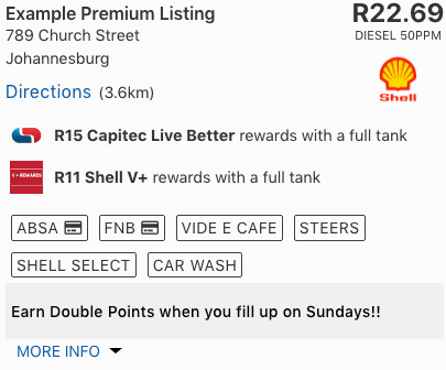 Premium fuel station listing on mytank fuel app showing loyalty rewards, forecourt promotions and fuel station facilities