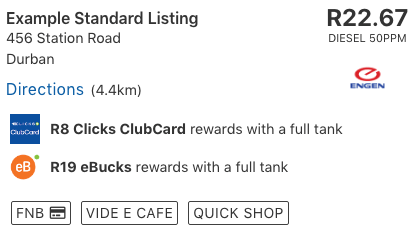Standard listing for a fuel station on mytank showing ATMs, directions and restaurants and coffeeshops at the petrol station